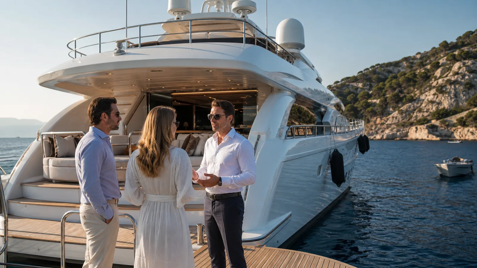 Sunset dinner on the aft deck after a Balearic yacht charter crossing